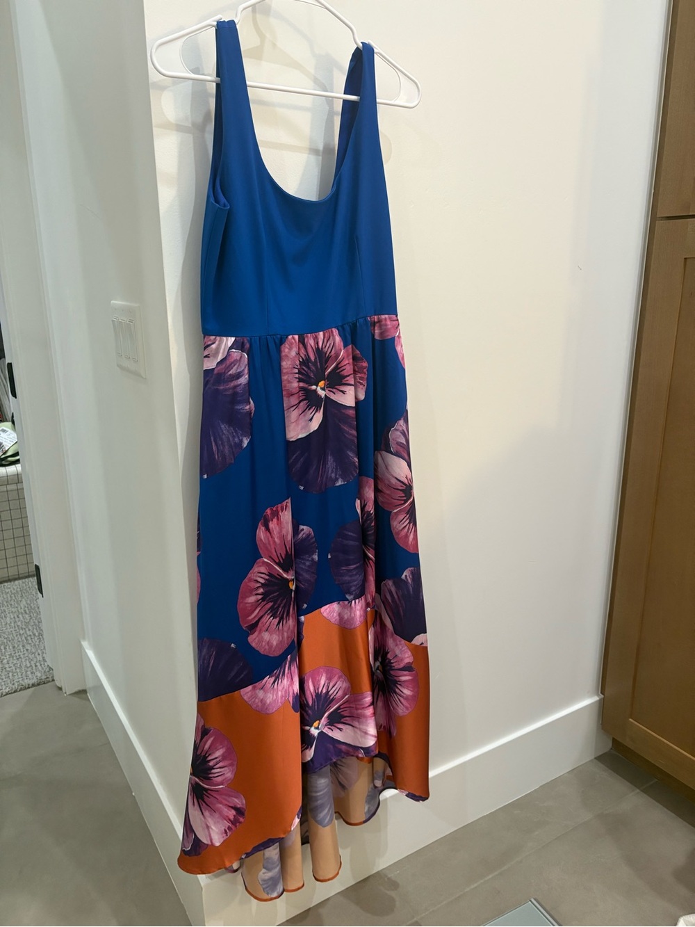 Hutch Blue Floral High-Low Maxi Dress with Orange Hem